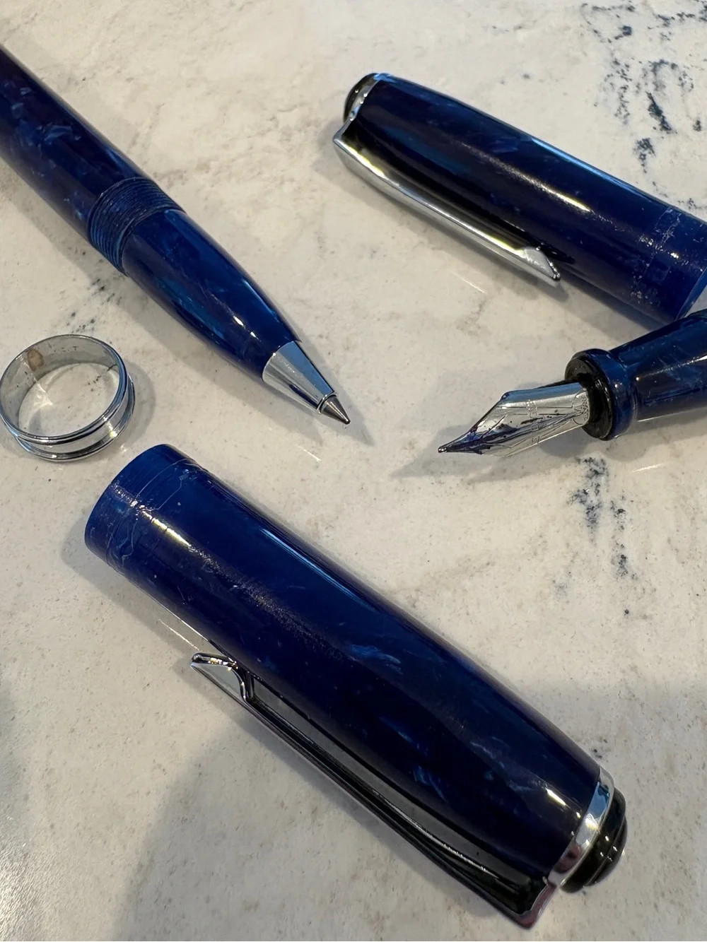 Elegant Blue Marble Fountain & Ballpoint Pen Set